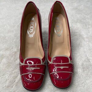 TOD'S Women's Red Slip On Heeled Leather Round Toe Shoes Size 38.5